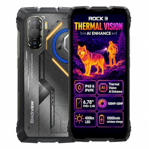 Blackview Smartphone Incassable AI Imagerie Thermique Rock 3, 108MP+50MP, Vision Thermique Améliorée par IA, 6,78'' FHD+ 2.4K, 32Go+256Go, 10000mAh, IP68 Téléphone Étanche, Charge sans Fil, Orange