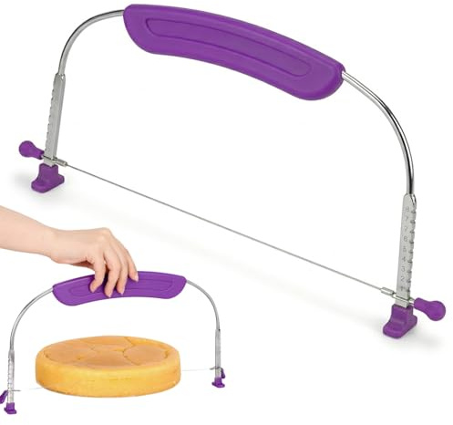 10-Inch Adjustable Cake Cutter leveller, Purple | 304 stainless steel wire slicer with non-slip handle and stable feet for even cake layers, bread, pastries and baking