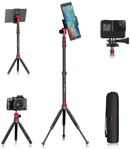 Manbily Mini Kamera Stativ 56 Aluminium Selfie Stick Tablet Ständer für DSLR Kamera Gopro Höhenverstellbar Vlogging Klein Stativ iPad Smartphone mit 360° Kugelkopf, 5 Abschnitte Verlängerungsstange