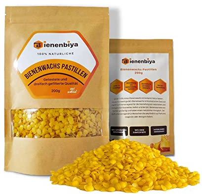 Bienenbiya® 100% Reine Bienenwachs Pastillen (200g) ohne Zusatzstoffe, natürliches Beeswax für Salben,Kosmetika,Seifen,Kerzenherstellung und Leder-/Holzpflege