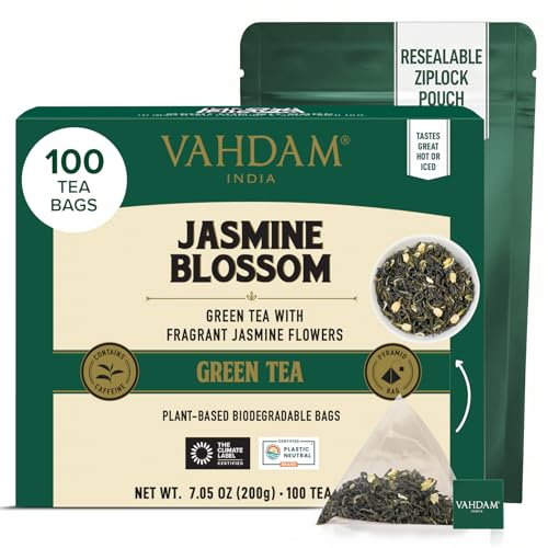 VAHDAM, Jasmine Green Tea Bags (100 Count) Med Caffeine, Non GMO & Gluten Free | High Grown Green Tea Blended w/Pure Jasmine Flowers | Resealable Ziplock Pouch