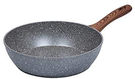 RESTO Tiefe Bratpfanne 28 cm, Wokpfanne aus geschmiedetem Aluminium mit vierschichtiger Marmor-Antihaftbeschichtung und mit ergonomischem weichem Griff in Holzoptik (h= 7,5 cm)