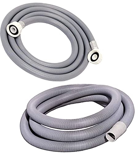 BricoLoco Kit Manguera tubo desagüe lavadora y Manguera conexión toma de agua lavadora. Goma para empalme de vaciado de lavadora a desagüe y Goma para conectar lavadora a grifo