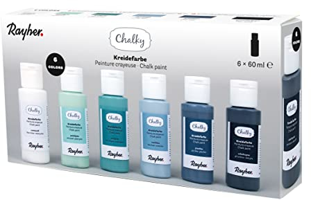 Rayher Chalky Set, 6 Farben à 60 ml, Blau-/Grüntöne, Kreidefarbe für Looks im Shabby Chic-, Vintage- und Landhausstil, 35049990