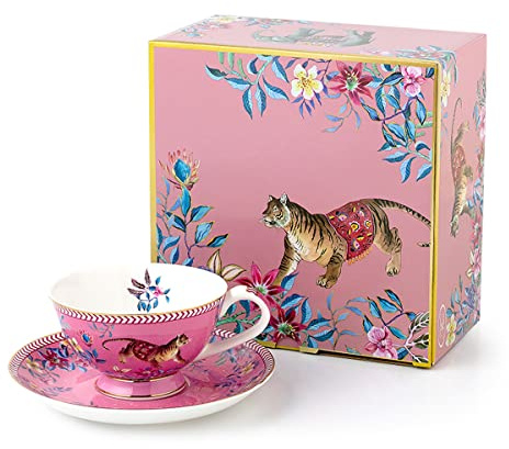Eplze Tiger in the Jungle Pattern Ceramic Tea Cup with Saucer (Pink)