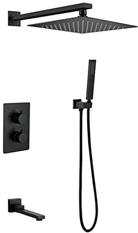 Duschsystem Thermostatisches schwarzes verdecktes Badezimmer-Regenmischer-Duscharmaturen-Set mit 10-12 Zoll quadratischem Regenduschkopf und Wannenarmaturen Luxus-Duschgarnitur zur Wandmontage, 10