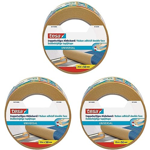 tesa Doppelseitiges Klebeband Universal - Vielseitiges Klebeband für Verpackungen, Deko und Teppiche oder zum Basteln - 25 m x 50 mm (Packung mit 3)