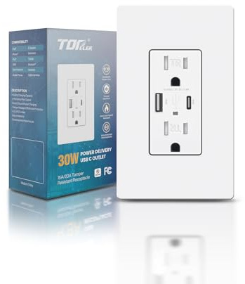 TOPELER USB Outlet, USB C Outlets with 30W Power Delivery Fast Charge, 15A Tamper-Resistant Receptacle with Type C/A Ports, Electrical USB Socket, Wall Plate Included, UL&FCC Listed, White