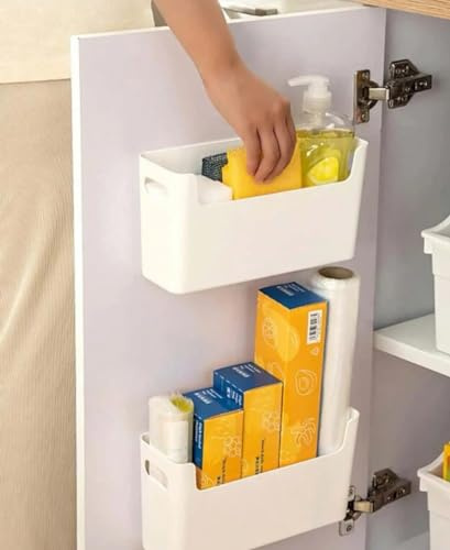 Générique Lot de 2 Boîtes de rangement mural autocollant pour cuisine, Organisateur de placard, Lot de 2 paniers de rangement pour placards et tiroirs (Blanc), porte-ustensiles adhésif