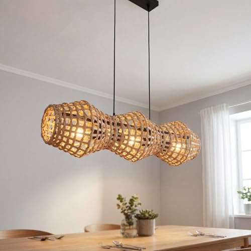 Lampadario Rattan Sala da Pranzo Cesto Intrecciato Naturale Nero Metallo Tavolo da pranzo E27 3 fiamme 80 cm di lunghezza Lampada a sospensione moderna con paralume in rattan Boho per il soggiorno