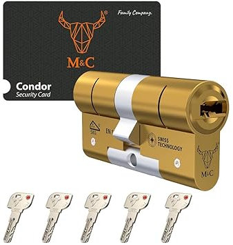 M&C Bombillo Condor Cilindro Cerradura Alta Seguridad Anti Topolino Leva Larga Doble Embrague Máxima Seguridad SKG 3 Estrellas 32x32mm Anti Bumping Resistente Taladro Dorado 5 Llaves Incluidas