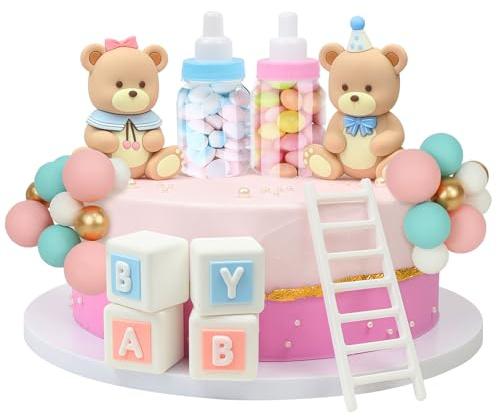 LARDUX 29 PCS Baby Shower Cake Decorations-Bear Cake Decoration DIY Cake Balls Decoration for Baby Boy Girl Birthday Party Gender Reveal Bear Baby Shower Cake Decor-Pink (pink blue)