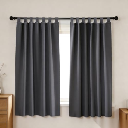 Deconovo Ogenomskinlig gardin med öglor mörkläggning gardiner vardagsrum termiska gardiner värmeskydd gardiner sovrum mörkläggningsgardiner, 145 x 140 cm (höjd x bredd), mörkgrå, set om 2
