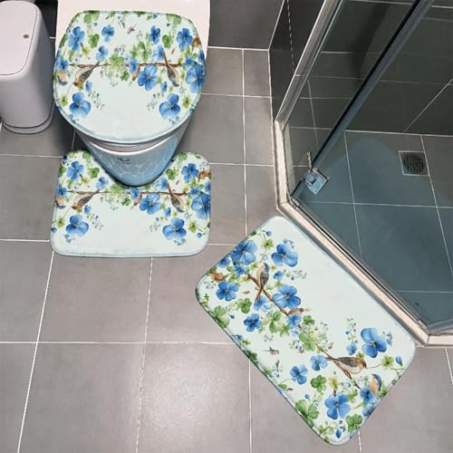 Tappeto Bagno Fiore Blu Uccelli Tappeti Bagno Set 3 Pezzi Antiscivolo Contorno WC Tappetino Assorbente Doccia Lavabile Copertura per Il Coperchio del WC 45x75 cm
