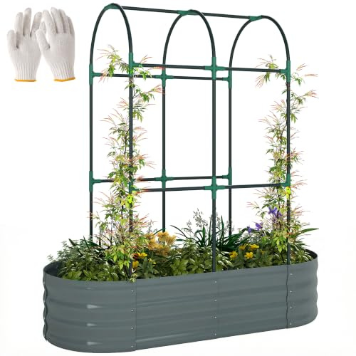 Outsunny Galvanised Raised Garden Bed w/Arched Trellis 4x2x4.6ft, Dark Grey | Metal Raised Bed for Garden, Open Bottom Design, Modular Outdoor Planter Box, Gloves, for Vegetables Flowers