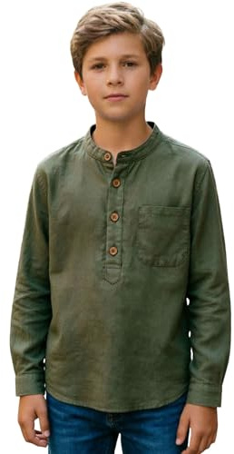 Générique Henleychemise Garcon Été Longues Lin Chemise Couleur Unie Demi Ouverture Boutons Regular Fit Décontractée De Fête avec Poche Poitrine Sorties Enfants 5-14 Ans