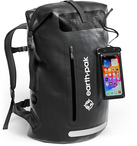 Earth Pak Waterproof Backpack - Heavy Duty Hiking Backpack - Roll-Top Closure Bag - Cushioned Dry Bag Waterproof Phone Case