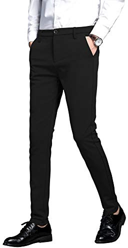Plaid&Plain Men's Stretch Dress Pants Slim Fit Skinny Suit Pants 7101 Black 30W30L