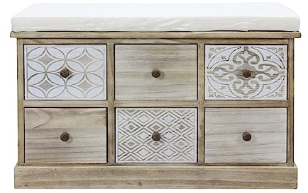 Rebecca Mobili Panchetta Da Interno, Panca Bagno, Legno di Paulownia, Beige Bianco, Stile Shabby, Seduta Imbottita, Ingresso - Misure: 49 x 77,5 x 35 cm (HxLxP) - Art. RE6538