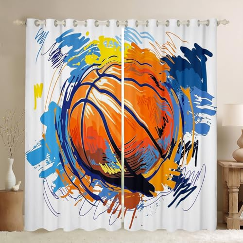 Kids Basketball Window Curtains 42Wx84L Boys Games Sports Theme Curtain Panels Youth Graffiti Tie Dye Window Drapes Basketball Sport Window Treatments Living Room Decor Child Room Decor Orange Blue