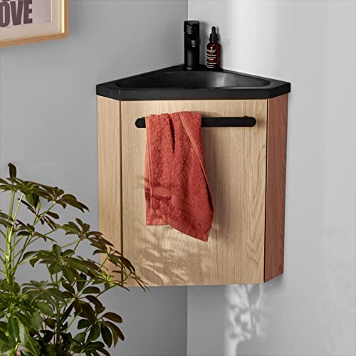 MOB-IN Meuble Lave-Mains SKINO décor chêne avec Vasque Noire + Robinet Noir