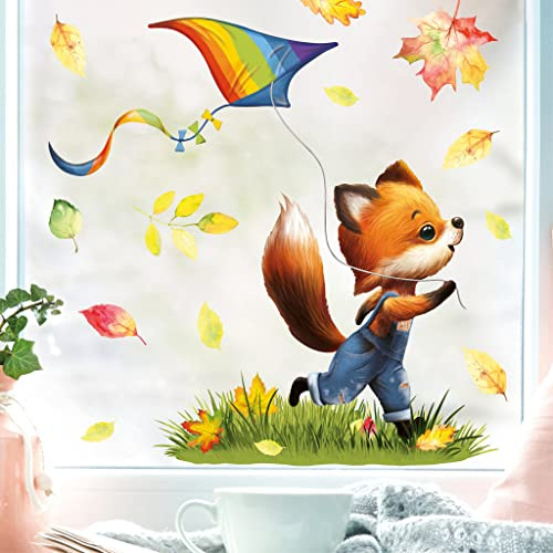 Wandtattoo Loft Fensterbild Herbst Mit Fuchs und Drachen Motiv - A4 Bogen, Herbstdeko Kinderzimmer, Fensterbilder, Fensterfolie Mit Herbstblättern