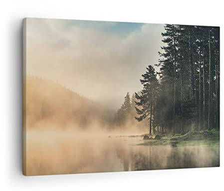 ARTTOR Bilder auf Leinwand 70x50cm Wandbild Botanik Landschaften - 4440 | Nebel See Wald Klein Wanddekoration Wohnzimmer Schlafzimmer Küche Wanddeko Wand Kunstdruck Wandkunst Wall Decor ARTTOR