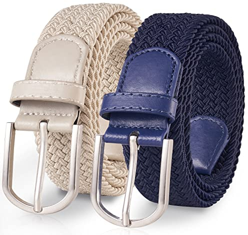 TANGCHAO 2 Stücke Stoffgürtel Stretchgürtel Elastik Flechtgürtel Geflochtener und Elastischer Dehnbarer Gürtel für Damen und Herren Breite 3.3cm Blau+Beige 110cm
