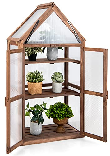 GOPLUS Mini Serre en Bois à encadrement Froid, étagère de jardinière surélevée avec Toit Transparent ouvrable, Portes Doubles et étagères à 3 Niveaux, Serre Portable pour Jardin, Cour, Balcon