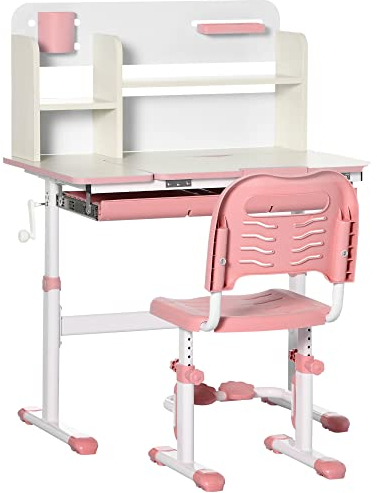 HOMCOM Kinderschreibtisch und Stuhl Set +3 Jahre mit Verstellbarer Höhe Kinderschreibtisch mit kippbarer Tischplatte Schublade und Bücherregal 80x52x88-109 cm und 35,5x44,5x66-80 cm Rosa
