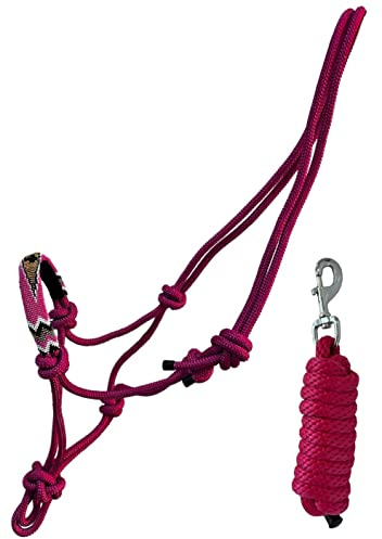 Equitem Nylon Horse Size Cowboy Knot Rope Halter with Beaded Cross Nose and Removable Lead (Pink)