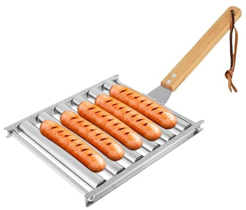 HEPYLAIFU BBQ Wurst Grillgestelle Edelstahl-Wurstroller mit Holzgriff, Grillkorb, Hot-Dog-Roller for den Grill (Color : A, Size : S)