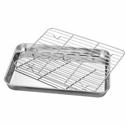 HUPIRCT Edelstahl Ofenblech, 2 Stück Edelstahl Kuchenblech Backofenblech+ 1Backofen Gitterrost als Pizza-, Auflauf- und Kuchenblech 28x 24x 2.5 cm, Ungiftig & Gesund Spülmaschinenfest