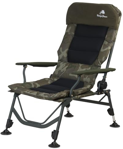 CampFeuer Silla de Pesca Plegable 2 en 1 Camuflaje Verde Oliva | Silla de Camping Regulable en Altura y Tumbona de Pesca | Silla de Viaje, para Camping, Acampada | Silla Reclinable con Reposapiés