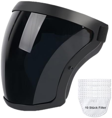 YABOYUGO Super schützender Gesichtsschutz mit 10 Stück Filter, Antibeschlag-Vollgesichtsschutz, durchsichtiger Gesichtsschutz für Erwachsene, Kunststoff-Gesichtsmaske(Dunkles Schwarz)