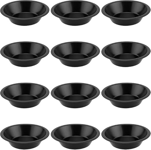 YUENPUN Lot de 12 petits plats à tarte ronds individuels en acier au carbone anti-adhésif pour la cuisson de gâteaux, quiches, desserts - Noir - 12,6 x 8 x 3 cm