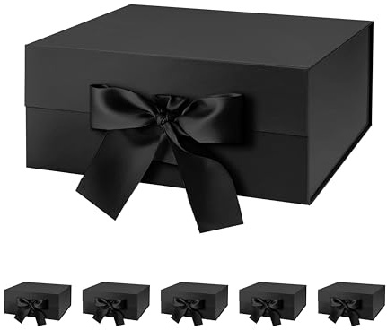 JINMING 6 Geschenkboxen mit Band, 22,9 x 16,5 x 9,5 cm, schwarze Boxen für Geschenke, Trauzeugen-Antragsboxen für Muttertag, Vatertag, zusammenklappbar mit Magnetverschluss