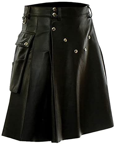 Kilt in finta pelle da utilità per uomo, taglia grande, ibrido, kilt scozzese, a vita alta, vintage, gonne scozzesi pieghettate con tasche, A# nero., 5X-Large