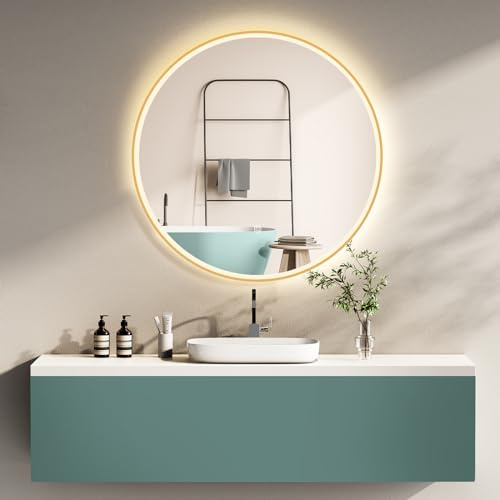 HOKO Design Badspiegel rund 60 cm Riga mit Metall Rahmen Gold. Runder Wandspiegel Energiesparend LED beleuchtet, Touch Schalter,Lichtfarbe Wechsel-Warmweiß-Kaltweiß-Neutral | Runder LED-Wandspiegel mit Memory-Funktion und 2700–6500 K Farbwechsel für Bad, Gäste-WC und Schminktisch, IP44, Pisa