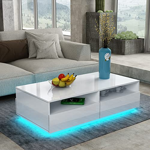Couchtisch mit 4 Schubladen 2 Offene Fächer All Hochglanz Kaffeetisch Couchtisch mit Lagerung Rechteck Wohnzimmermöbel 85x55x35cm - Weiß mit LED Beleuchtung