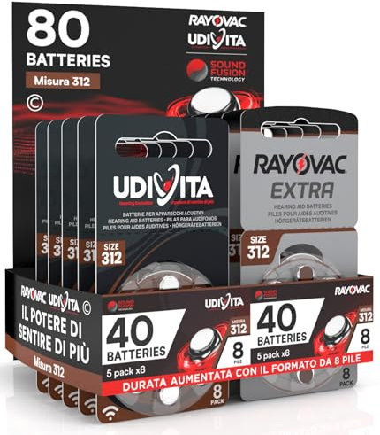 80 Batterie Per Apparecchi Acustici Auricolari Misura 312 PR41 (Marroni) 10 Blister da 8 Pile Tecnologia Sound Fusion - 80 Pile: 40 Rayovac + 40 Udivita
