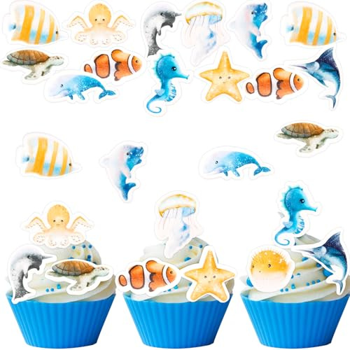 ENLACE 48 Essbare Tortendeko Meerestiere Deko Torte,Esspapier Tortendeko | Unterwasserwelt Cake Topper Meerestiere,Taufe Muffin Deko Unterwasserwelt,Geburtstag Kuchen Deko Ozean Fisch Seepferdchen