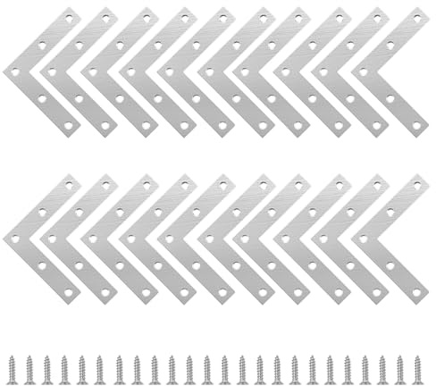 SyiXute 20 Piezas Soportes de Ángulo Plano,Conector Plano en Forma de L,Escuadras de Angulo Acero Inoxidable con 100 Tornillos para Armarios,Mesas y Sillas de Madera,80 x 80 mm