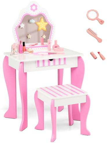 DREAMADE Schminktisch Kinder mit Hocker und Zubehör, Kosmetiktisch, Frisierkommode, Prinzessin Frisiertisch, Kinderschminktisch mit abnehmbarem Spiegel und Schublade für Kinder Mädchen Rosa