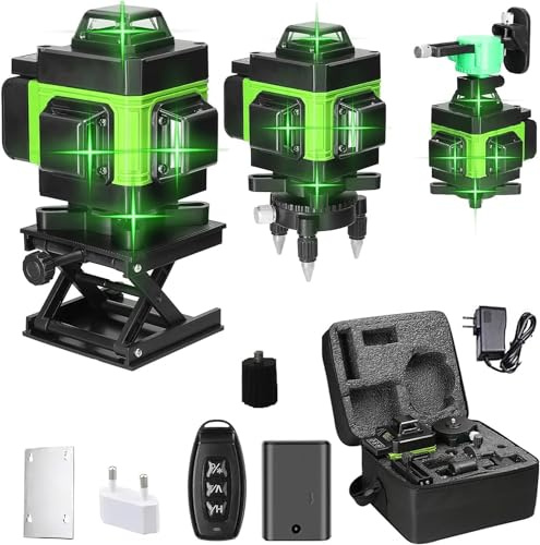 Niveau laser 4 x 360°, 4D 16 Lignes Niveau Laser Vertical Horizontal Autonivelant avec 2 * Batteries rechargeables 2600 mA, IP54, Support Rotatif, Télécommande, Mallette de transport