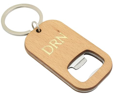 Personalised Initials Keyring Bottle Opener Wooden Stainless Steel Key Chain Gift