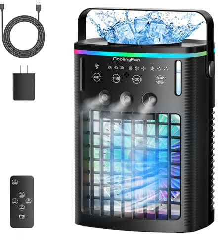 Aire acondicionado portátil, ventilador de refrigeración personal, aire acondicionado portátil con 4 velocidades de viento y 2 niveles de niebla y temporizador 2-8H y 7 luces LED mini