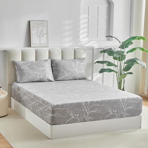 Tokokimo Double Fitted Sheet with 2 Envelope Pillowcases - Soft Microfibre Branches Print Grey Fitted Bed Sheets Double 35cm Deep Fit, 135x190 cm (Fits Mattress Up to 35cm Deep)