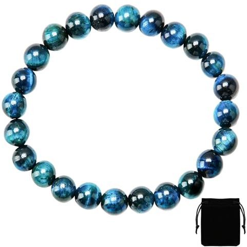 8mm Natural Tiger Eye Bracelet, Elastic Bead Braclet for Men & Women, Handcrafted Fashion Jewelry, Unisex Gift Braclets for Couples, Stylish Natural Stone Bracelet, Includes Black Pouch