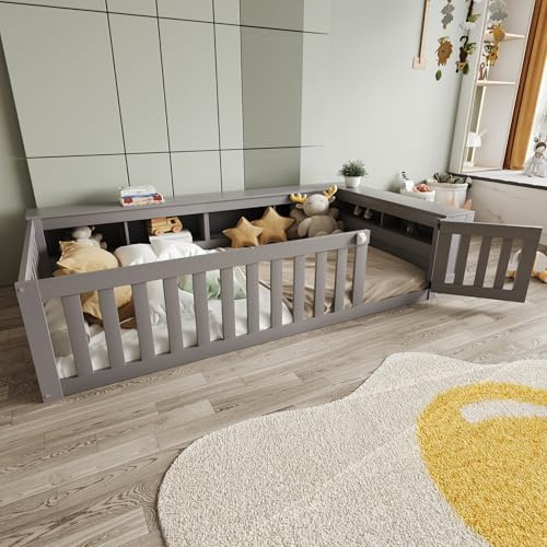TOBIDOEN Kinderbett Bodenbett 90 x 200 cm mit Stauraum, reichlich Staufächern, Rundum-Sicherheitsschutz mit Sicherheitsgitter und Türchen, Massivholzbett mit Lattenrost, A-Grau